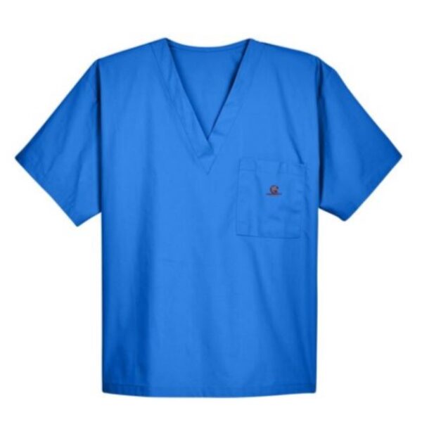 A blue scrub top with an orange logo on it.
